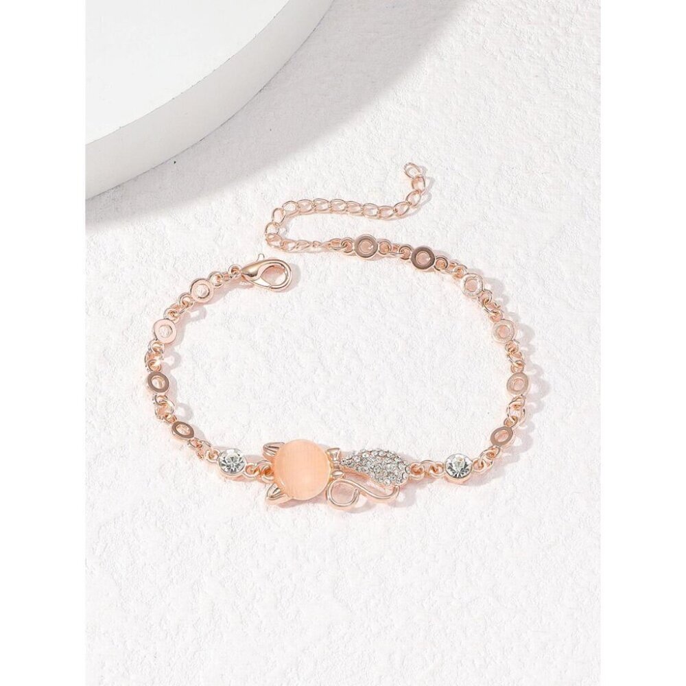 1pc Fashionable Zinc Alloy Rhinestone Cat Decor Bracelet For Women For Gift